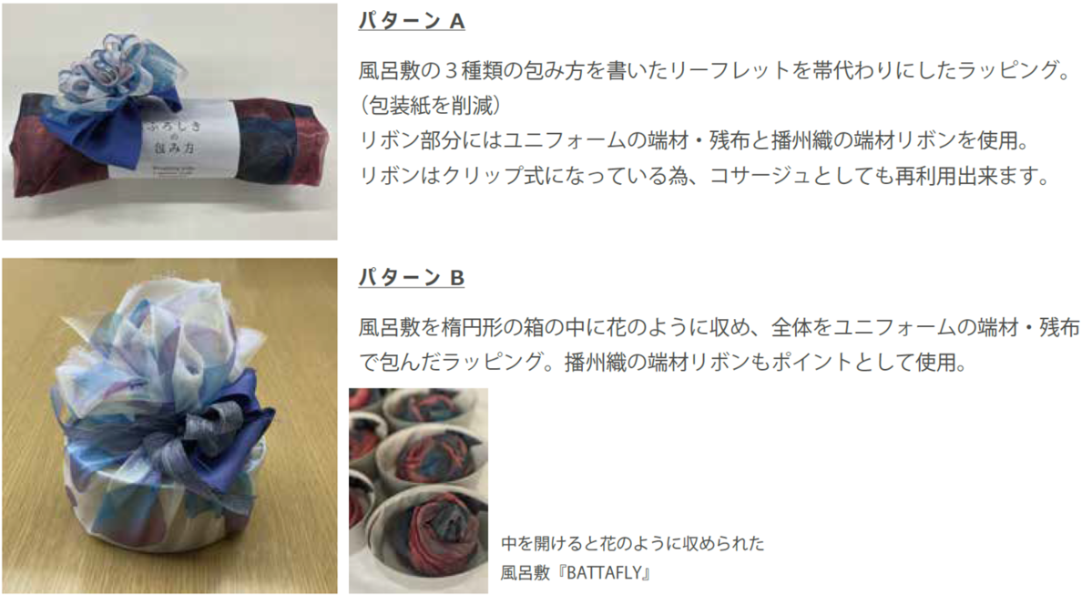 パターンA 風呂敷の3種類の包み方を書いたリーフレットを帯代わりにしたラッピング。 (包装紙を削減) リボン部分にはユニフォームの端材・残布と播州織の端材リボンを使用。 リボンはクリップ式になっている為、コサージュとしても再利用出来ます。 パターンB 風呂敷を楕円形の箱の中に花のように収め、全体をユニフォームの端材・残布 で包んだラッピング。播州織の端材リボンもポイントとして使用。 中を開けると花のように収められた 風呂敷『BATTAFLY』